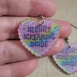 Funny "Screaming Inside" heart shaped pastel rainbow earrings